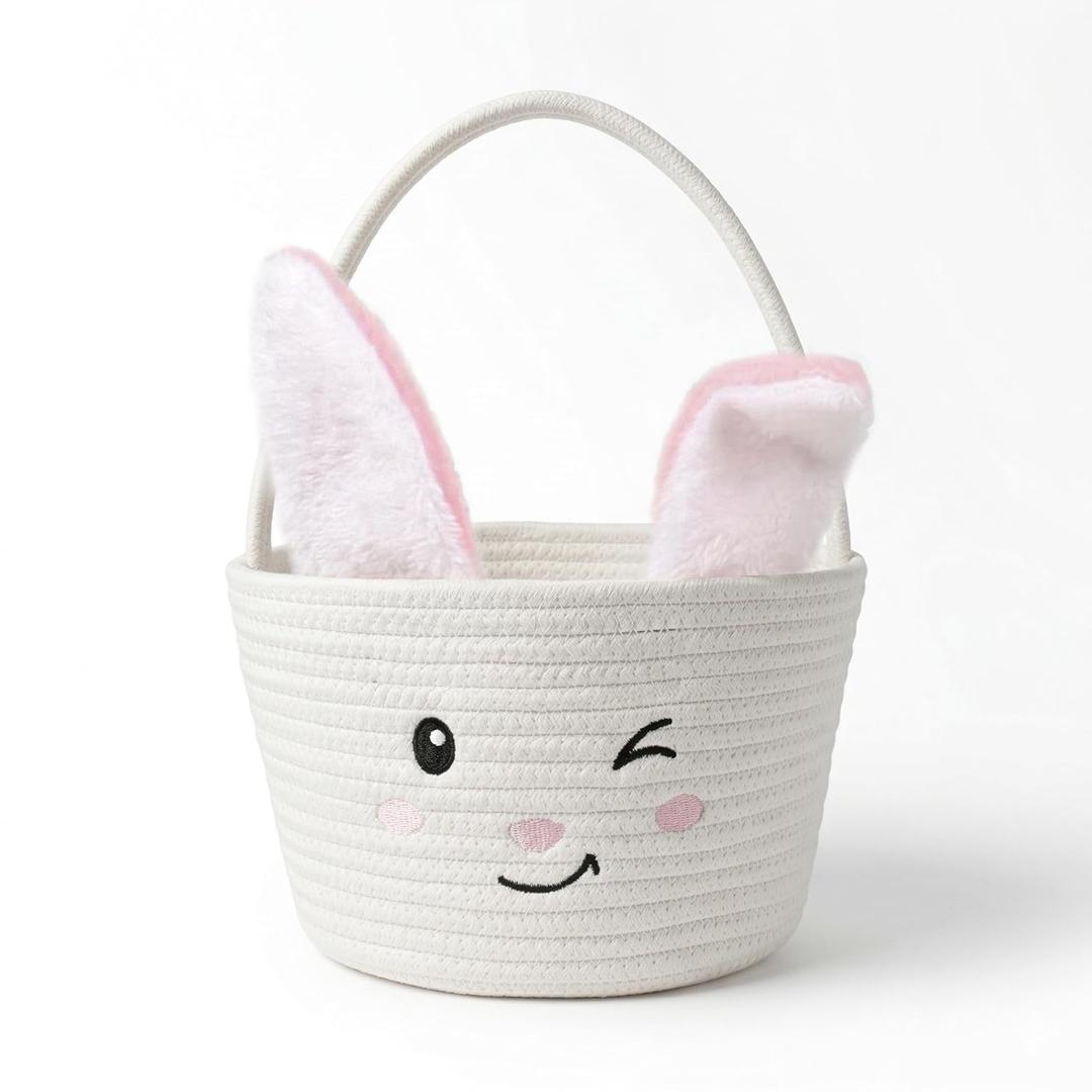Cute Baby Basket, Bunny Woven Basket with Handle, White Baskets for Gifts Empty, Small Storage Baskets Decorative with Removable Rabbit Ears for Nursery, Mothers Day, Baby Shower, 9.8" X 6.5"