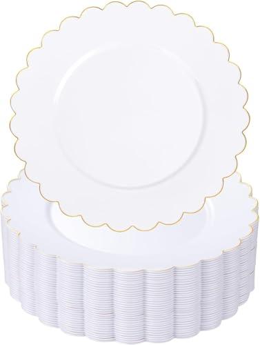 SUT 72 Pcs White Plates Disposable, White Plastic Plates With Gold Trim, 10.25 Inch Gold Dinner Plates, Fancy Plastic Plates, Plates Disposable Heavy Duty for Parties, Banquets