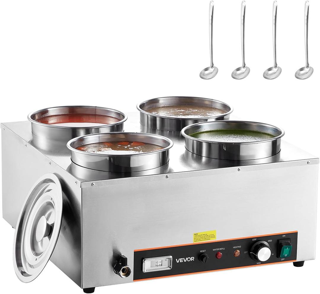 VEVOR Electric Soup Warmer, Four 6.34QT Stainless Steel Round Pot with 86~185F Adjustable Temp, 1500W Commercial Bain Marie with Anti-Dry Burn and Reset Button, Soup Station for Restaurant, Buffet