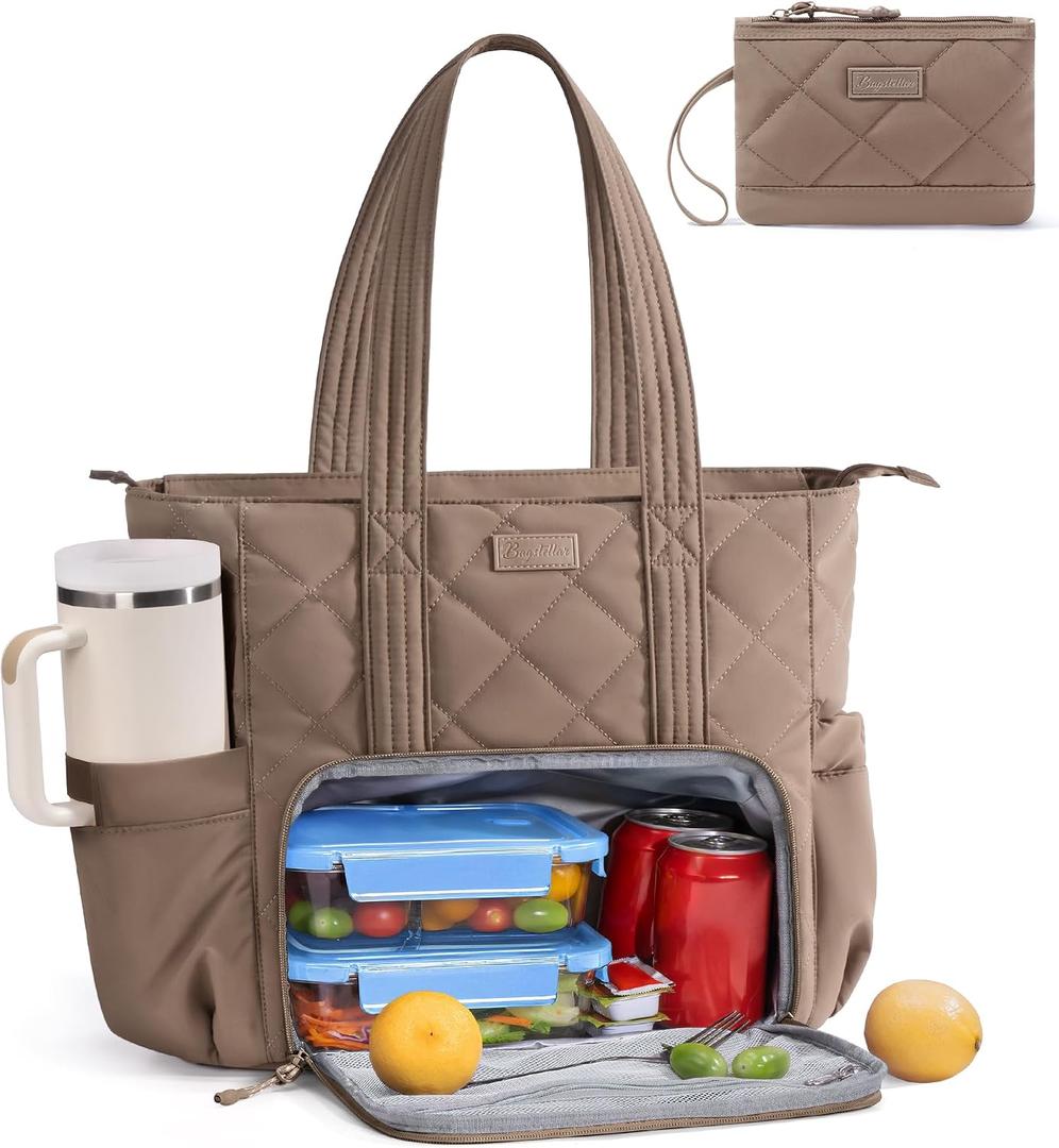 Lunch Tote Bag for Women, 3 in 1 Work Bag with Lunch Compartment | Lightweight 15.6 Laptop Bag w/ 40oz Cup Holder, Puffer Lunch Box Women Cooler Purse for Office Picnic Travel Teacher Nurse