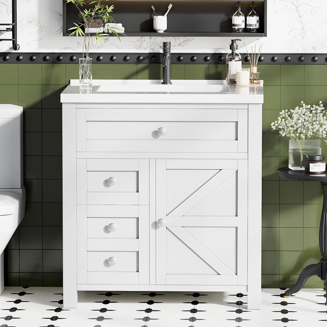 JUMMICO 30'' Bathroom Vanity with Single Sink Combo, Freestanding Modern Bathroom Sink Cabinet, 2 Drawers & 1 Flip-Down Drawer1 Door with Side Storage (White)