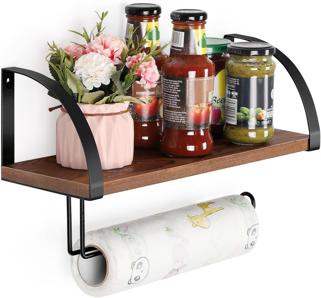 Paper Towel Holder Wall Mount Farmhouse Wood Paper Towel Holder with Shelf Hanging Paper Towel Roll Rack Under Cabinet Spice Rack for Kitchen Bathroom Organizer Rustic Brown