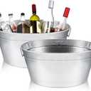 Uiifan 2 Pcs 24 Quart 6 Gallon Hammered Stainless Steel Beverage Tub Heavy Duty Oval Metal Large Ice Bucket for Drinks Bucket Cooler Ice Container for Bar Wedding Parties Anniversary Wine (Silver)