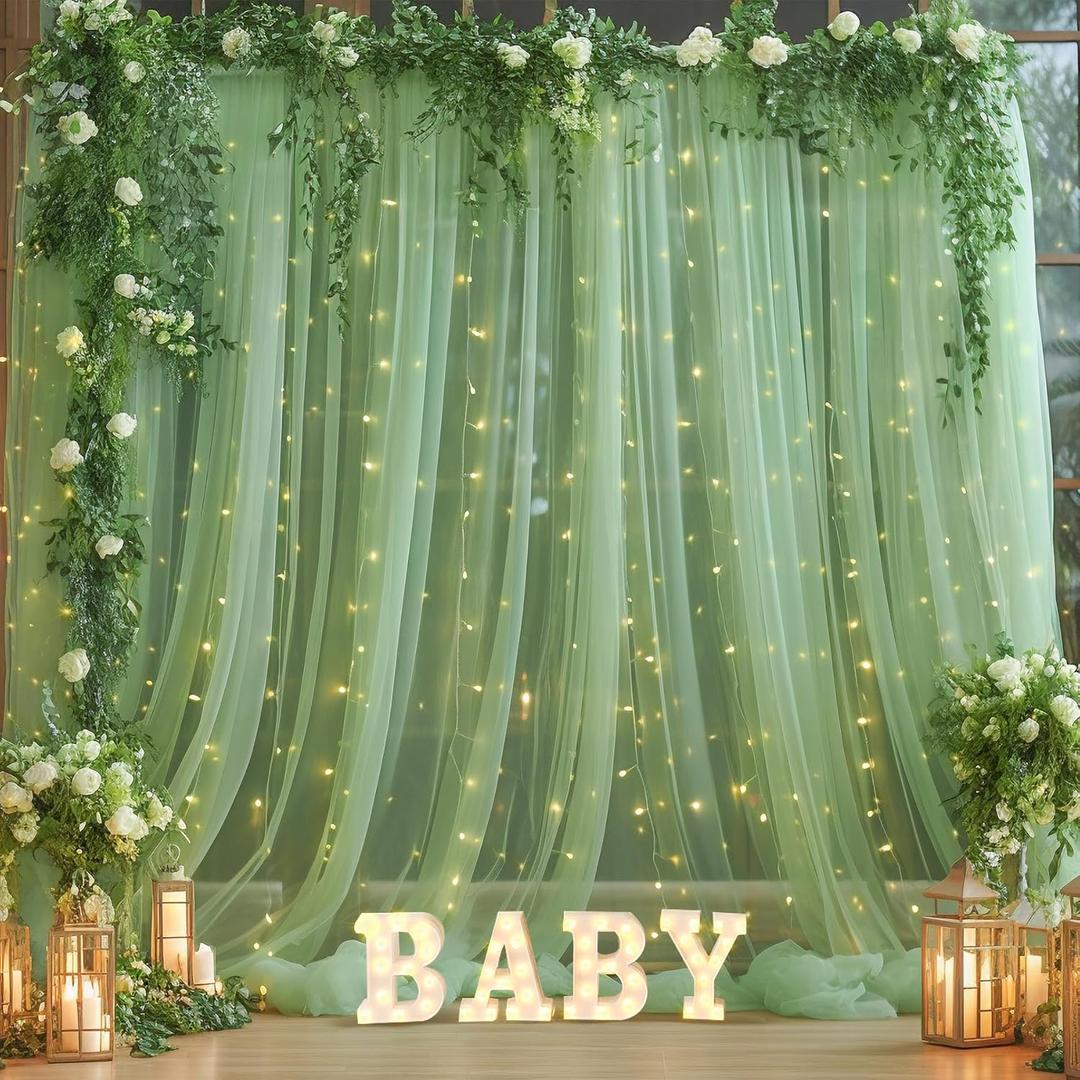 1010ft Green Tulle Backdrop Curtain with Lights String for Parties, Sheer Photo Curtain Backdrop Drapes for Wedding Party Photography Backgrounds