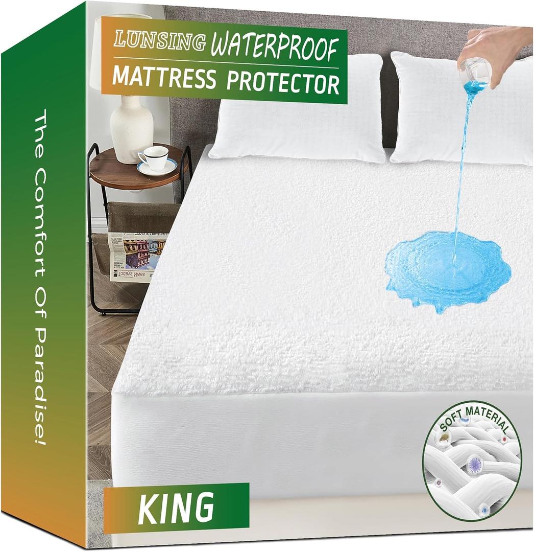 Lunsing Waterproof King Mattress Protector, Noiseless, Breathable, and Soft Cotton Terry King Size Mattress Pad Cover, 6-18 in Deep Pocket