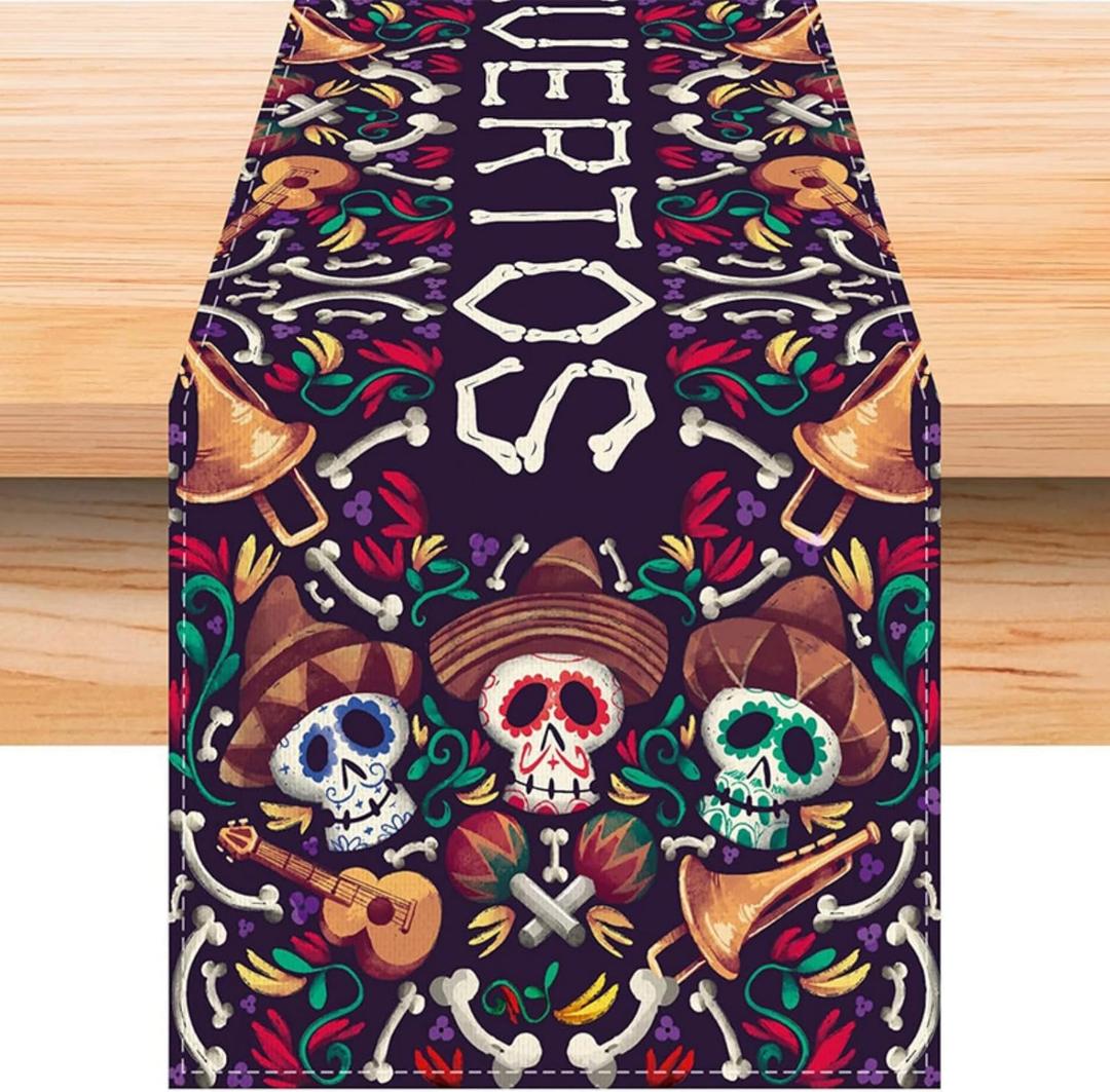 3 x LFIVEOOH Dia De Los Muertos Mexican Table Runner, Sugar Skull Decor, Rustic Linen Day of The Dead Decorations, Fiesta Party for Home Kitchen Dining Room, 7213 Inch