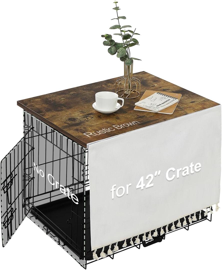 VIE DE AMAN Dog Crate Topper Wood for 48 42 36 24 inch Cages, Table Topper with Tassel Curtain, Rustic Style Dog Kennel Topper, Rustic Brown(Dog Crate Not Include)