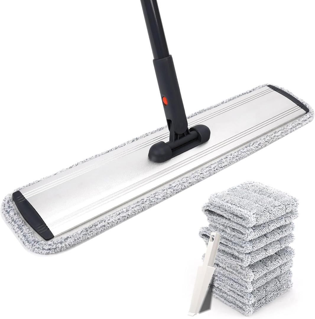 24inch Flat Mop for Cleaning Floors Heavy Duty Microfiber Wet Mop Deep Cleaning for Hardwood, Tile & Laminate, Includes 4 Reusable Washable Pads and Adjustable Long Handle