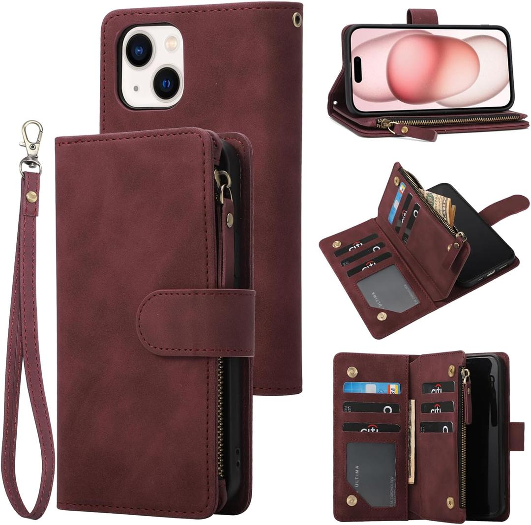 RANYOK Wallet Case for iPhone 15 (6.1 inch) with RFID Blocking Credit Card Holder, Premium PU Leather [Zipper Pocket] Flip Folio Case Wallet with Wrist Strap Kickstand Protective (B Red)