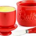 Rixordd Red Butter Crock & Stainless Steel Spreader Knife Set  French Butter Keeper with Water Line, Countertop Butter Dish  Lead-Free Porcelain, Dishwasher-Safe, Vibrant Red