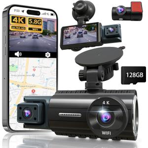 4K+4K+1080P 3 Channel Dash Cam Front and Rear with Cabin, Free 128GB Card, 5.8GHz WiFi & APP, Built-in GPS, ADAS, Super Night Vision, G-Sensor, Loop Recording, 24H Parking Mode Car CameraBlue