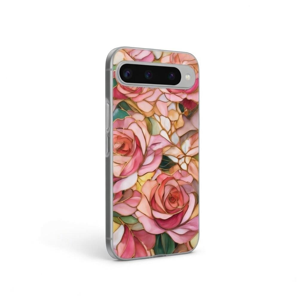 YTanazing Stained Glass Flower Phone Case for iPhone 17 Air, Cute Trendy Elegant Pink Rose Stained Glass Design Shockproof Slim TPU and Hard PC Protective Cover for Girls Women
