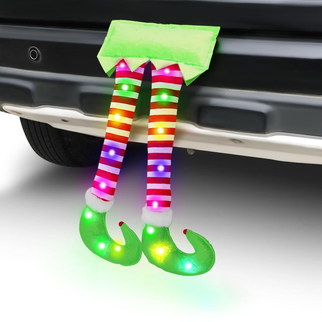 Christmas Elf Legs for Trunk of Car Decorations, Pre-lit LED Light Up Christmas Car Holiday Decor Exterior Vehicle Rear Side Window Plush Decorative Leg Pendant Xmas Outdoor Decorations