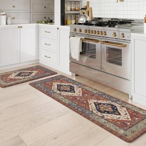 KIMODE Anti Fatigue Kitchen Mats for Floor, Red Boho Distressed Kitchen Rugs Sets of 2, Non Slip Waterproof Kitchen Floor Mats, Comfort Mats for Kitchen Floor Sink Laundry Desk 20"x59"+20"x32"