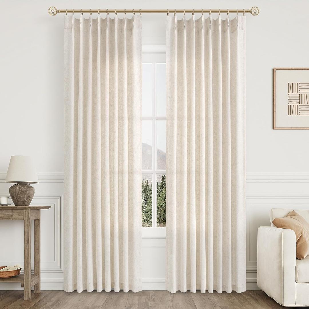 Natural Pinch Pleat Linen Curtains 82 Inch Length 2 Panels Set for Bedroom Dining Room Semi Sheer Linen Boho Farmhouse Neutral Window Curtains for Living Room Nursery Natural Cream 50x82