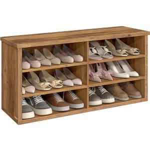 VASAGLE Shoe Bench, Storage Bench, 6 Compartments, Adjustable Shelves, for Living Room, Hallway, 29.5 x 100 x 50 cm, Honey Brown LSB036K01