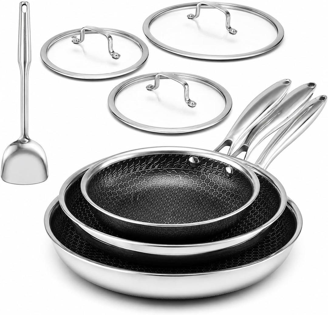 USELUCK Non Stick Frying Pan Set - 8, 10, 12-Inch Hybrid Non-Toxic Skillet with Lids - Dishwasher & Oven Safe, Induction Ready, Stainless Steel Kitchen Cookware Set (7-Pcs Set), C1-7-pcs