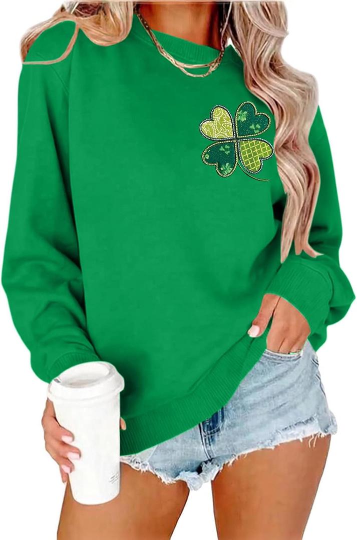 St Patricks Day Sweatshirt Women Shamrock Embroidery Sweatshirts St Patricks Day Shirt Casual Lucky Patch Pullover Tops (Green, L)
