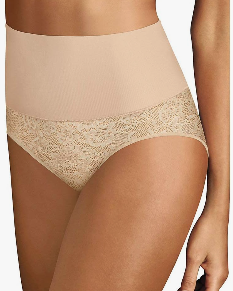 Maidenform womens Tame Your Tummy Lace Thong Panties, Firm Control Shapewear Thong,  Size Large, Beige 