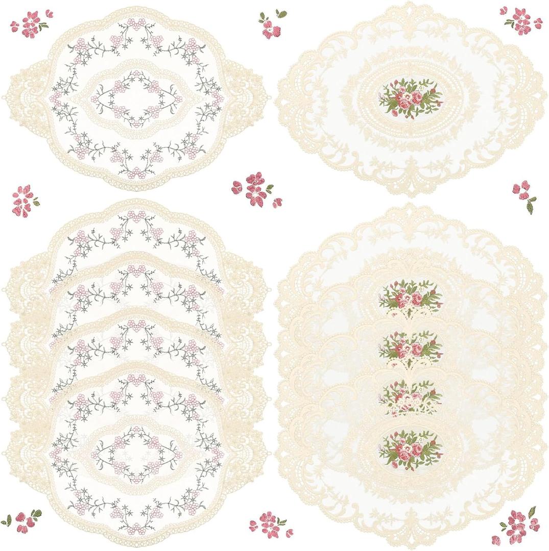 Mixweer 10 Pcs Beige Lace Placemat Oval Vintage Lace Doilies French Table Decor Crochet Handmade Embroidered Doilies for Wedding Tea Party Retro Floral Placemat Cup Mat Table Runner Fit Home Furniture