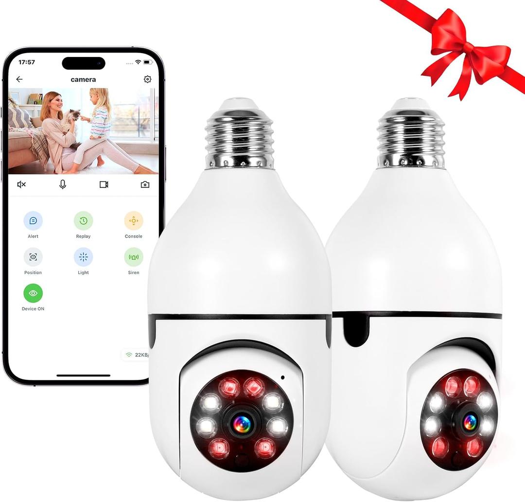TOWODE 2K Light Bulb Security Camera Outdoor 2 Packs, 2.4GHz Wi-Fi Wireless Home Security Camera with 2 Way Talk, Color Night Vision, AI Human Detection, E27 Screw in Light Socket
