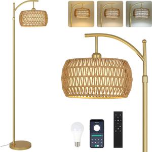 Arc Floor Lamp with 3 Color Temperatures, LED Gold Floor Lamp with Remote & Stepless Dimmable Bulb, Boho Standing Lamp with Rattan & Fabric Shades, Farmhouse Tall Lamp for Living Room Bedroom