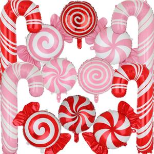 Christmas Candy Balloon Set Candy Cane Mylar Balloons Red Pink Sweet Candies Candyland Xmas Gingerbread Theme Birthday Decor Supplies 12 Pcs