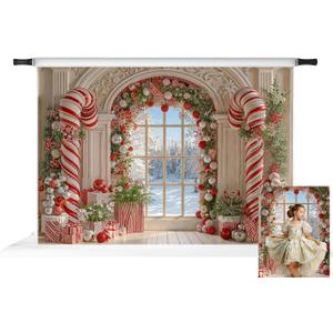 Kate Christmas Candy Cane Retro Arched Window White Snow Gifts Backdrop Photo Background Studio Props,7x5ft