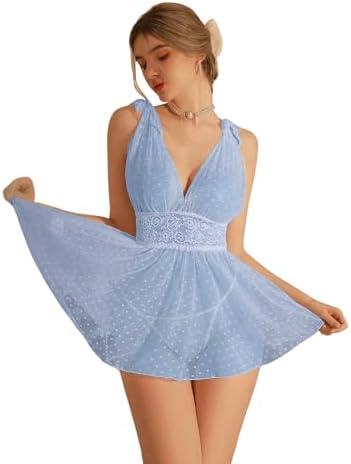 OYOANGLE Women's 2 Piece Polka Dots Lace Sheer Mesh V Neck Babydoll Teddy Lingerie Set Size M
