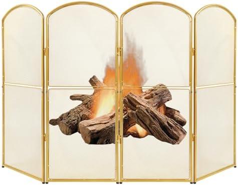 SHINOSKE 4-Panel Fireplace Screen Gold,47.8" W x 31" H Mesh Fire Spark Guard Cover, Foldable Decorative Fireplace Cover for Living Room Home Indoor Decor, Baby Proof, Easy Assembly