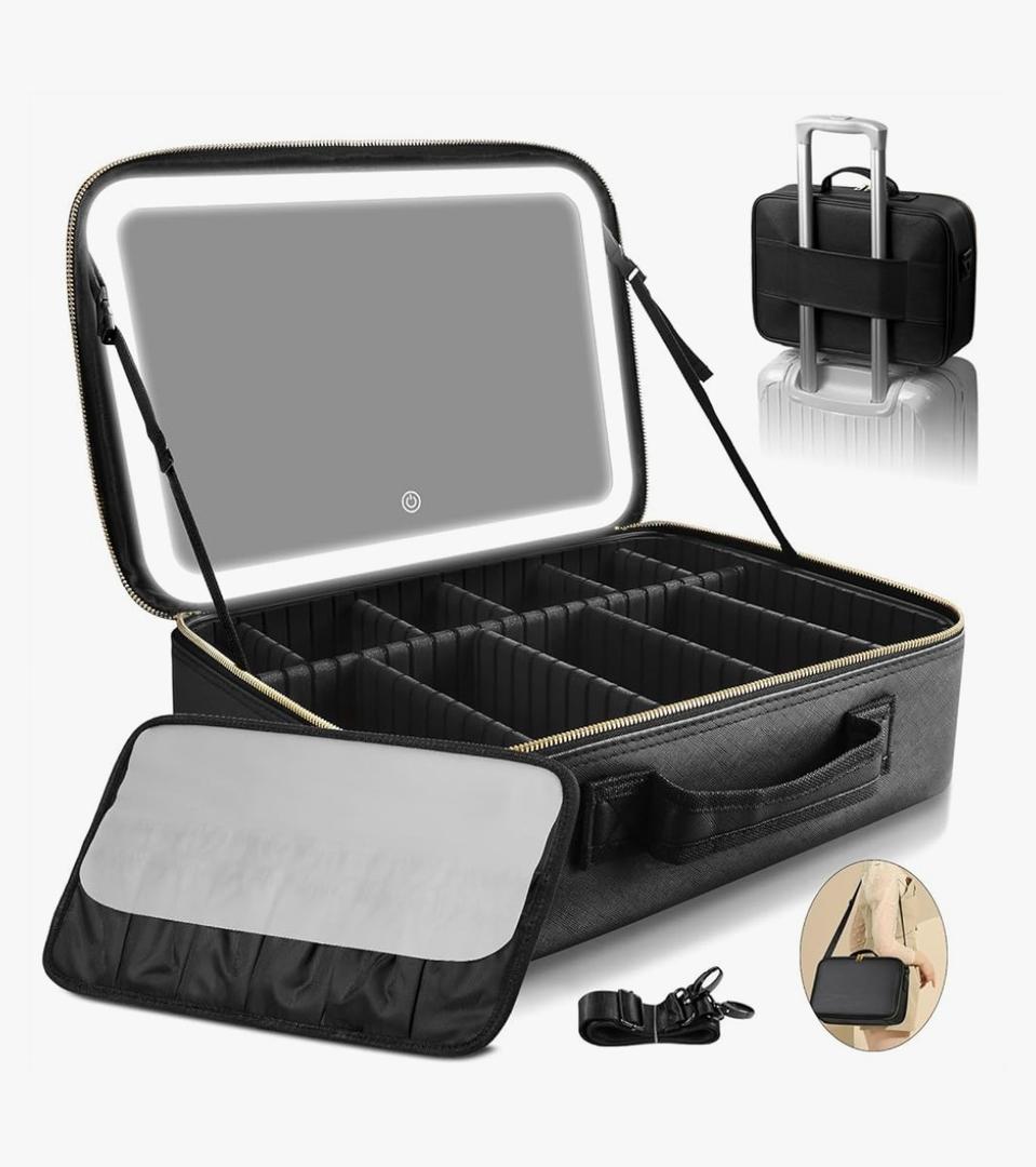 Upgraded Large Travel Makeup Bag with LED Mirror, 15” Professional Makeup Case with 3 Color Modes Dimming Lighted Mirror, Light up Cosmetic Make up Organizer with PU Leather Cover, Adjustable Dividers