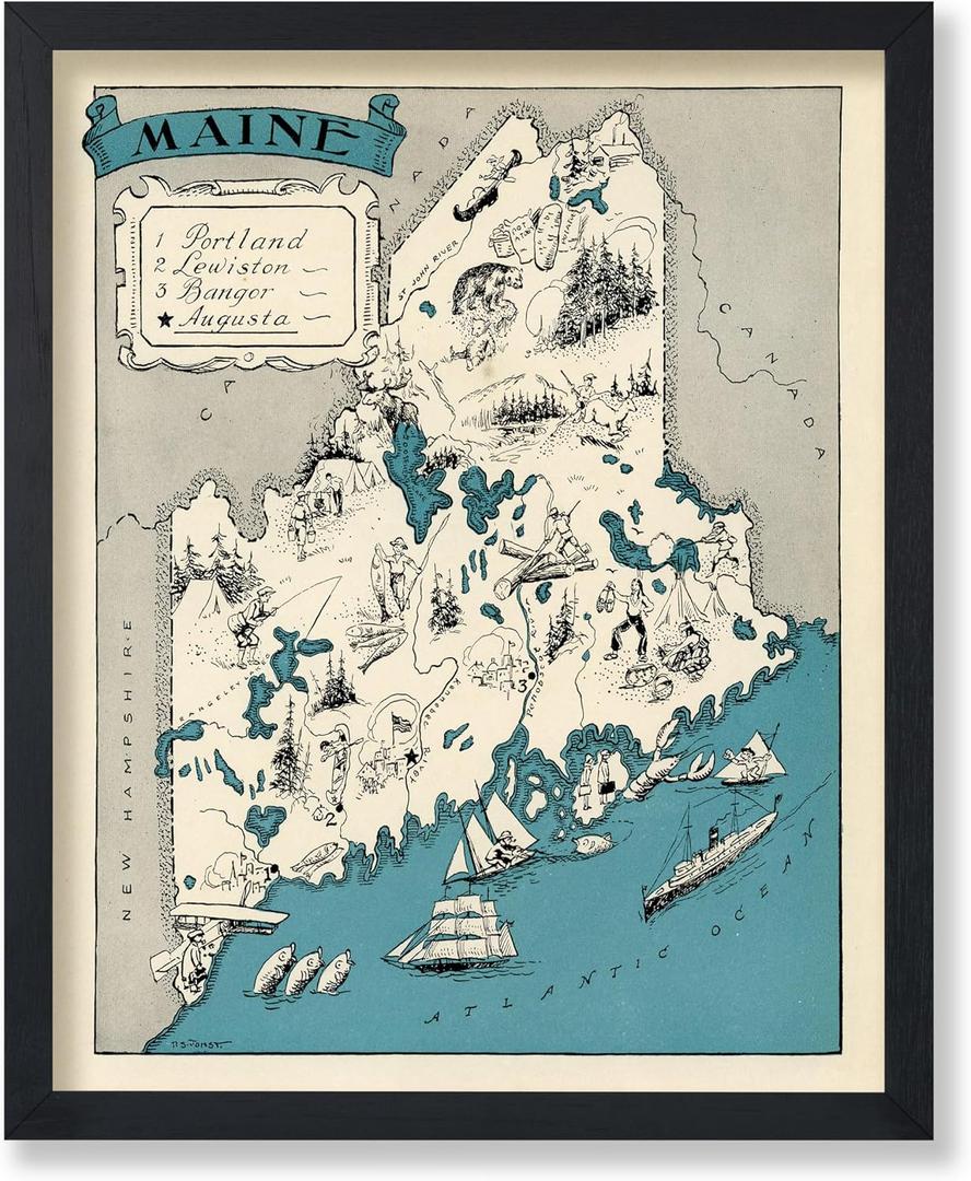 Poster Master Vintage Maine Map Print - Retro State Map Art - Gift for Teacher, Student, Travel Lover - Wall Decoration for Classroom, Office, Dorm - 8x10 UNFRAMED