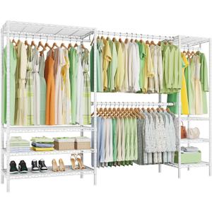 Ulif E11 Heavy-Duty Garment Rack, Metal Freestanding Clothes Rack and Closet Storage Organizer with 8 Shelves and 4 Hanger Rods, (73.2-97.6)" W x 14.5" D x 71.2" H, Load 1034 LBS, White