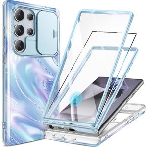 GVIEWIN for Samsung Galaxy S24 Ultra Case, [Slide Camera Cover & Built-in Screen Protector] [2 Front Frame] Military Grade Shockproof Marble Phone Case for S24 Ultra 6.8" (Aurora/Azure Blue)