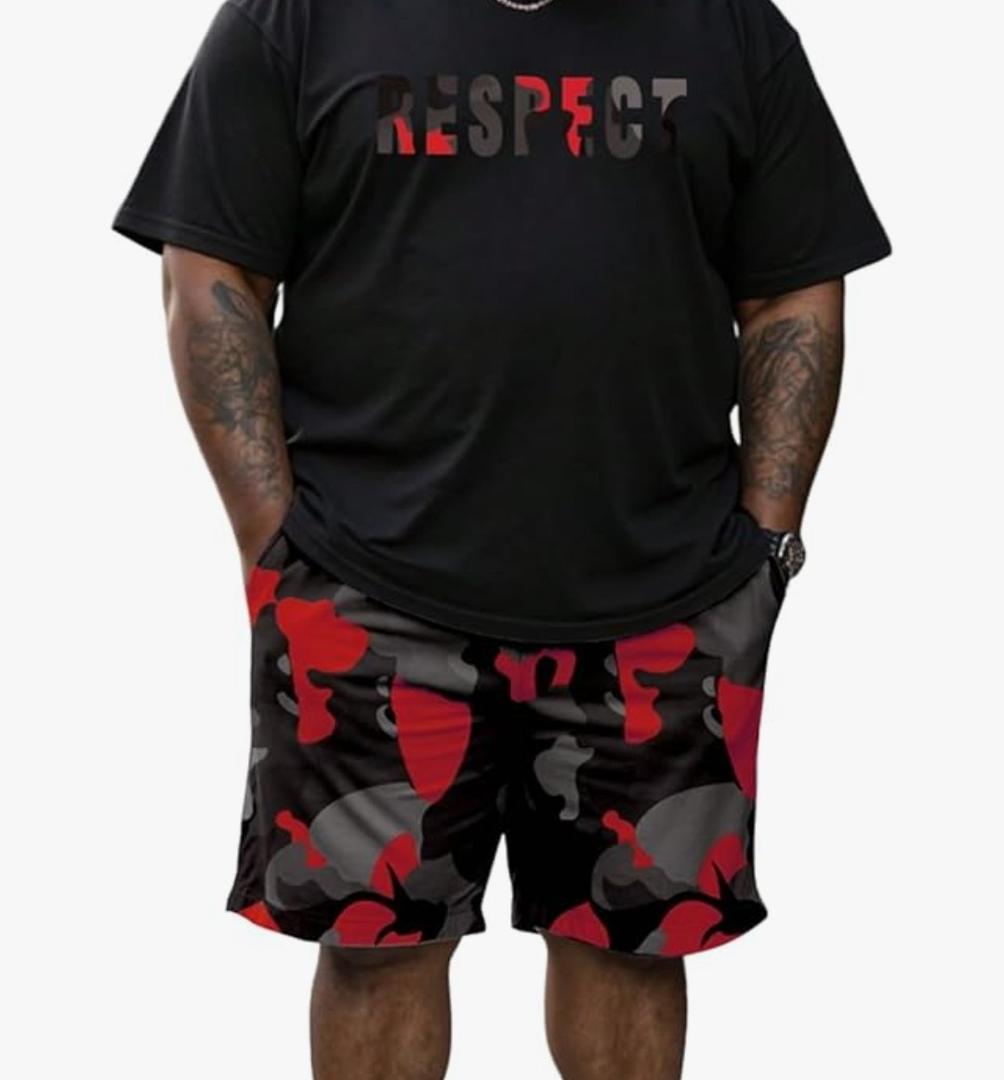 WDIRARA Men's Big and Tall 2 Piece Outfits Letter Camo Print Short Sleeve Tracksuit Track Shorts Set