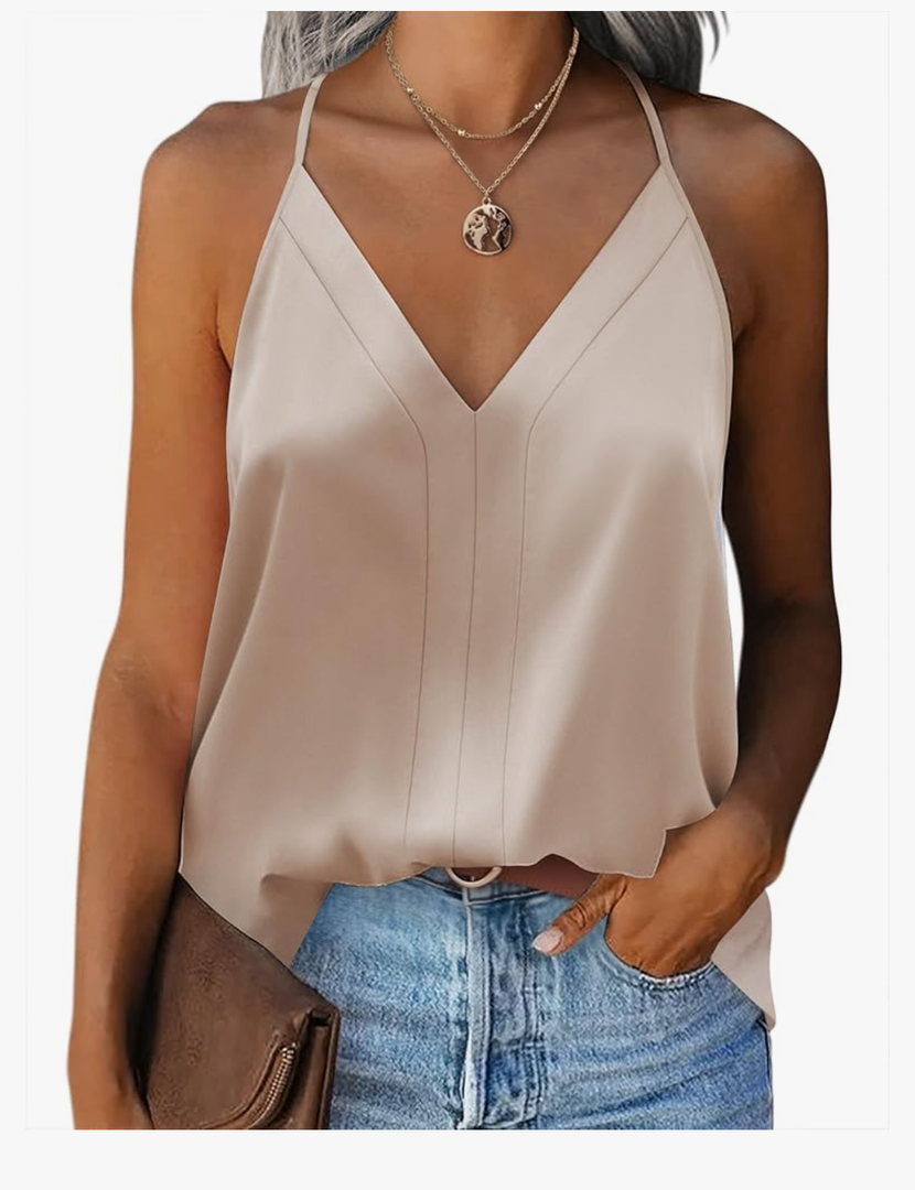 Zeagoo Womens Silk Satin Tank Tops V Neck Sleeveless Camisole Cami Spaghetti Straps Blouse Summer Loose Racerback Shirt, M