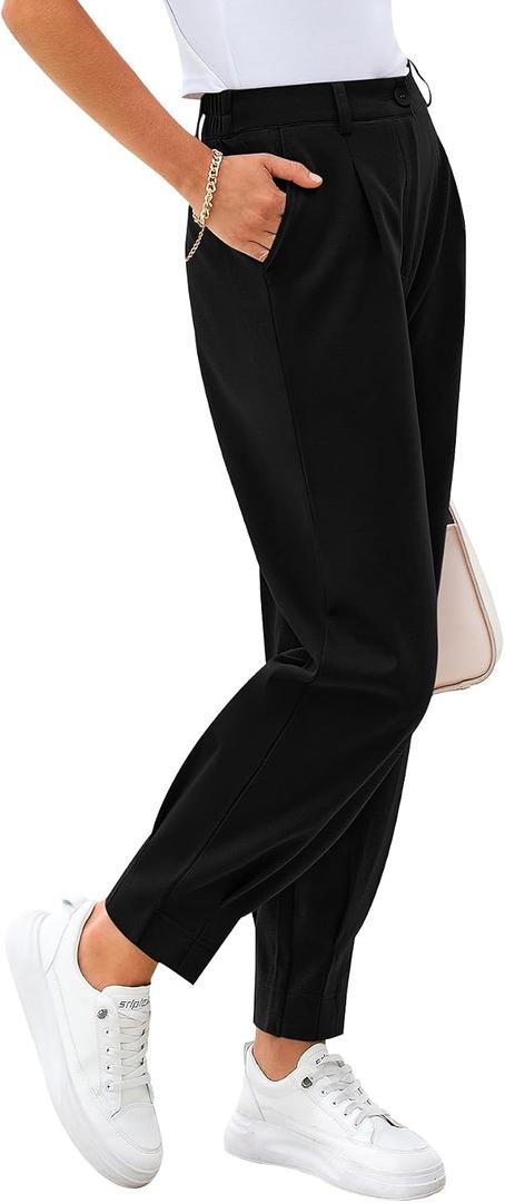 CFLONGE Women's Summer High Waisted Pants for Women 2026 Casual Ankle Length Pant for Work Office Trouser Slacks with Pockets (Black, M)