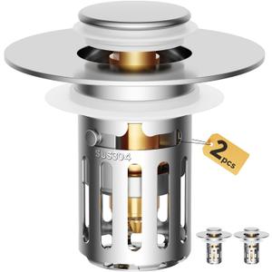 2 Pack Bathroom Sink Stopper, Pop-Up Drain Stopper with Hair Catcher, All Metal Brass Core & Stainless Steel, Anti-Clog Bathroom Sink Drain Strainer, Universal Fit 1.1"2.36" (Chrome)