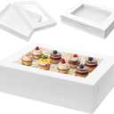 Mefleet 10pcs 19x14x5 Half Sheet Cake Boxes with Window Rectangle 1/2 Sheet Bakery Boxes for Pastry Baking Cake, Cupcakes, Donuts, Cookies, Pie Treat Packaging White Large