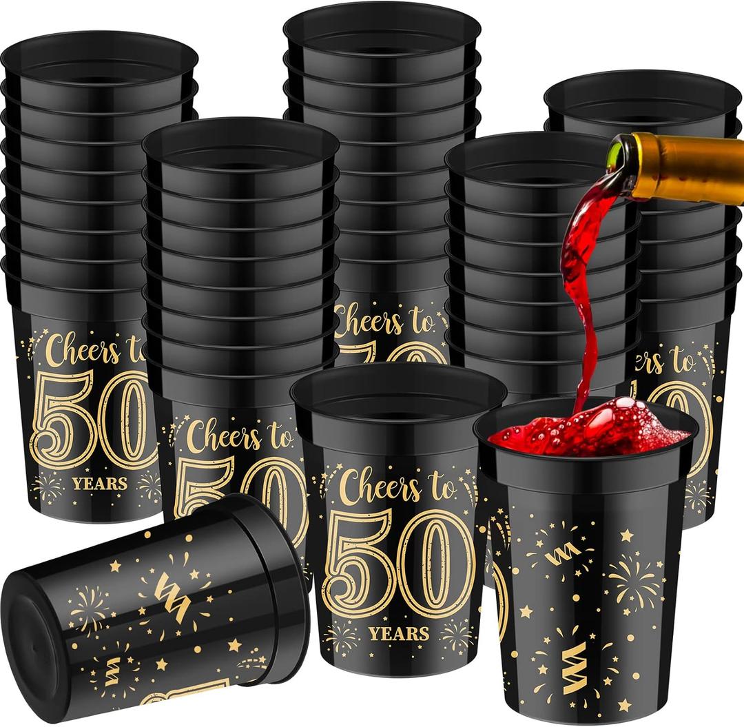 40 Pack 50th Birthday Cups Cheers to 50 Years Birthday Party Cups Gold and Black Plastic Stadium for Decorations Party Favors Men Women Wedding Anniversary Supplies
