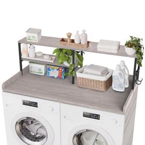 sykart Washer and Dryer Countertop with Shelf, 2-Tier 54" x 27.5" Wood Laundry Countertop Non-Slip Pads, Washer Dryer Topper with High Edge Rails and Hooks, Waterproof & Heat Resistant Top (Gray)