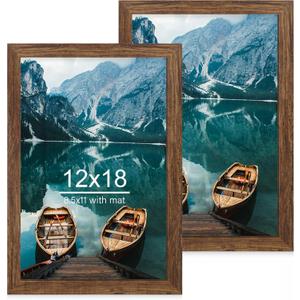 12x18 Frame Set of 2, Rustic Brown Wood Style, Display 12 x 18 Poster without Mat or 8.5x11 Picture with Mat, Wall Mounting Horizontal and Vertical
