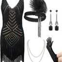 SWEETV Womens 1920s Flapper Dress,V Neck Great Gatsby Fringe Cocktail Dress with 20s Accessories Set-Roaring 20s Costume (Small, Black)