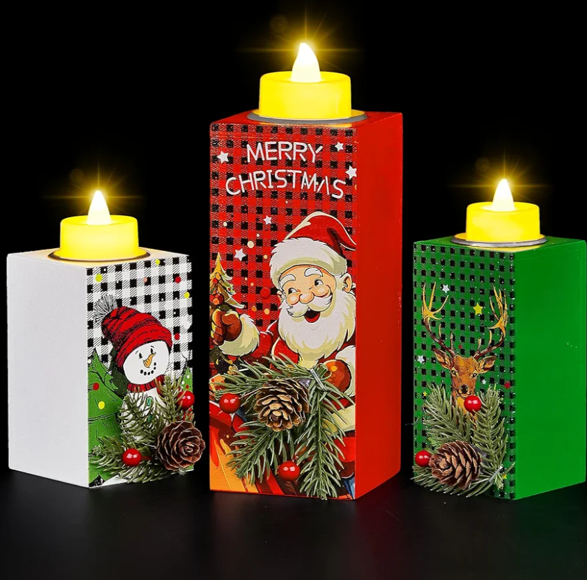 BlcTec Christmas Decorations Indoor, 3 PCS Christmas Wood Candle Holders with LED Tea Lights & 3D Carving Craft, Wood Christmas Centerpieces for Home, Table, Office, Tiered Tray, Shelf Xmas Décor 4 Boxes