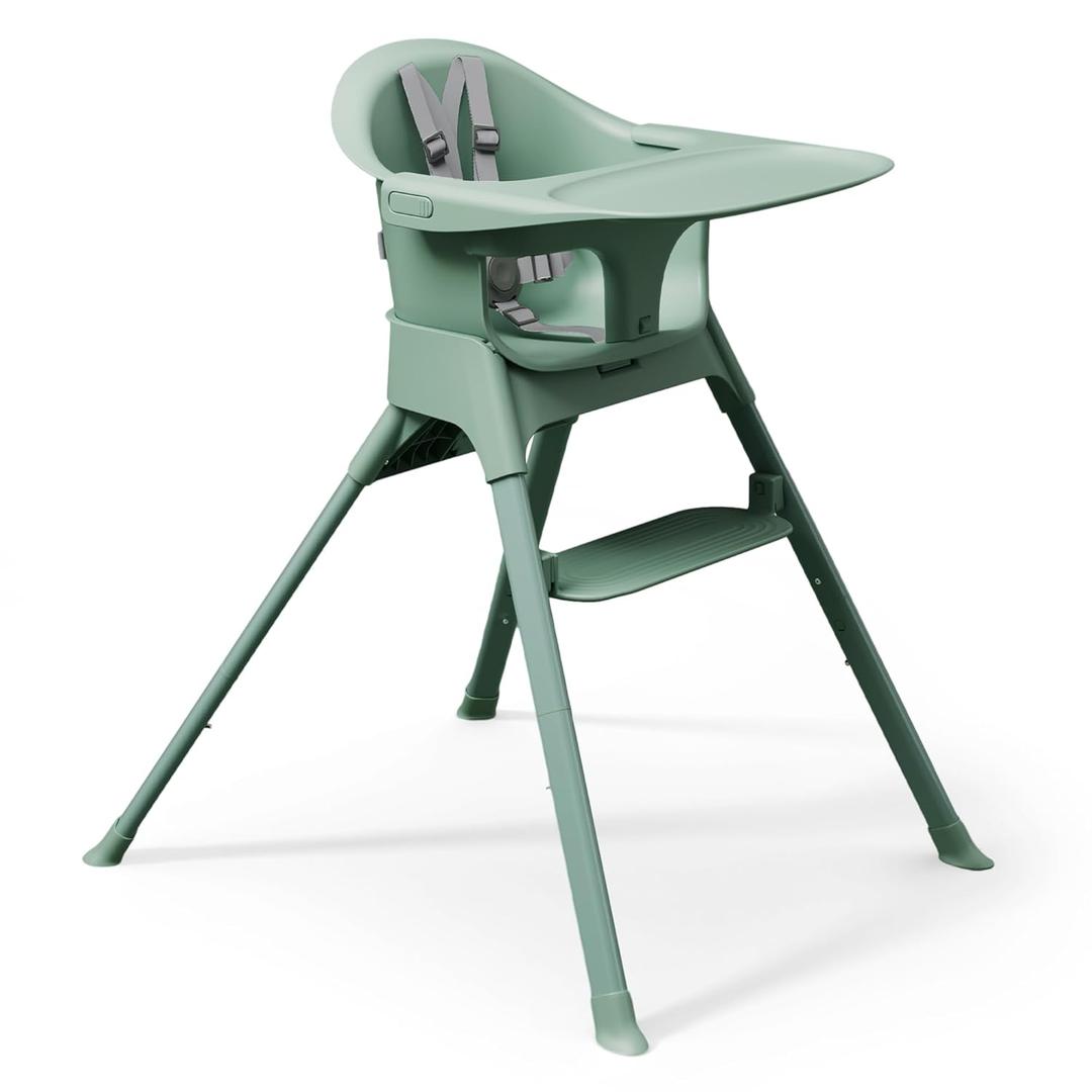 Mompush Olli 7-in-1 Convertible High Chair for Babies and Toddlers  Adjustable Height & Footrest, Dishwasher-Safe Tray, Compact Foldable Design for Easy Storage & Travel, Lightweight Yet Durable (Mint Green)
