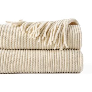 BATTILO HOME Beige Throw Blanket for Couch, Soft Chenille Knit Throws with Tassels for Home Decor, White Cream Throws for Bed Couch Cover, 60"x80"