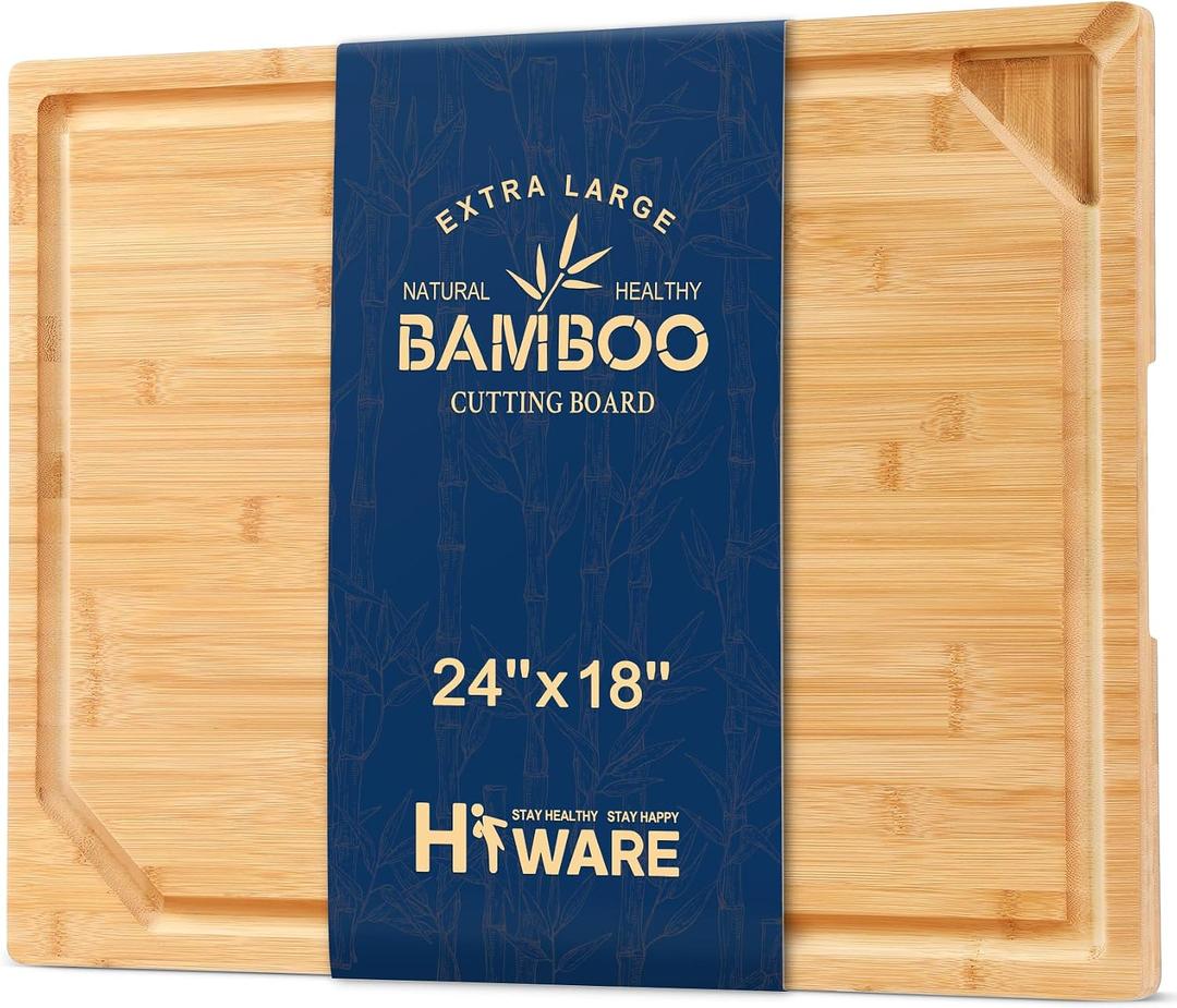 24 x 18 Extra Large Bamboo Serving Boards for Kitchen, Heavy Duty Wood Butcher Block Chopping Board with Handle and Juice Groove for Meat, Large Charcuterie Board, Over the Sink Cutting Board, 24"l X 18"w | Single Board