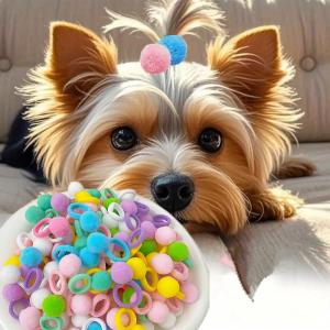50pcs Dog Hair Bows Puff Ball,Pompom with Elastic Cotton Hair Tie Band for Doggy Puppy Cats Kitten Pets,Yorkshire Grooming Hair Accessories,No Damage Hair,0.75inch Hair Rope Multicolored