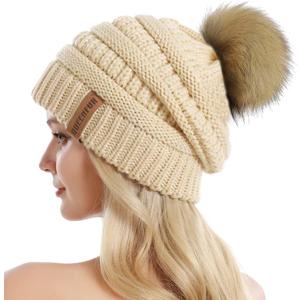 QUEENFUR Women Knit Slouchy Beanie Chunky Baggy Hat with Faux Fur Pompom Winter Soft Warm Ski Cap (A1-beige 2)