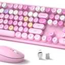 Wireless Keyboard and Mouse, Full-Size Retro Typewriter Keyboard with Round Keycaps, 2.4GHz for Windows, Mac, Laptop, PC, Desktop (Pink Colorful)